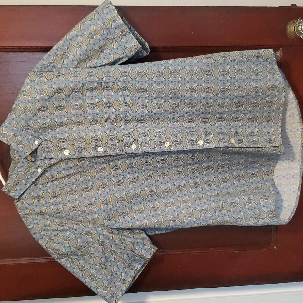 Ken Ltd LG Cotton Patterned Blue & Yellow Button Up Short Sleeve Summer Shirt